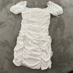 Superdown White Ruched Mini Dress SMALL Puffed Sleeves Square Neck Cotton